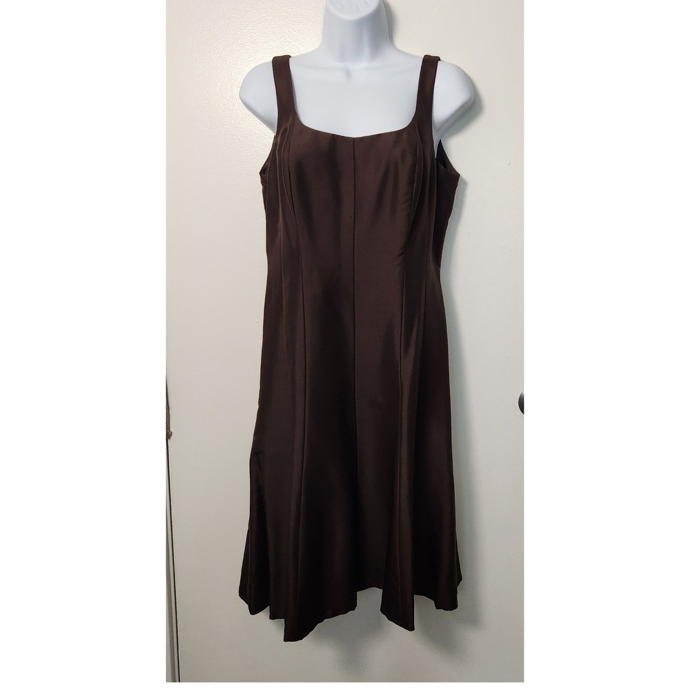 Talbots 100% Shantung Silk Brown Sleeveless Dress Flare Skirt Midi 8 NWT Lined